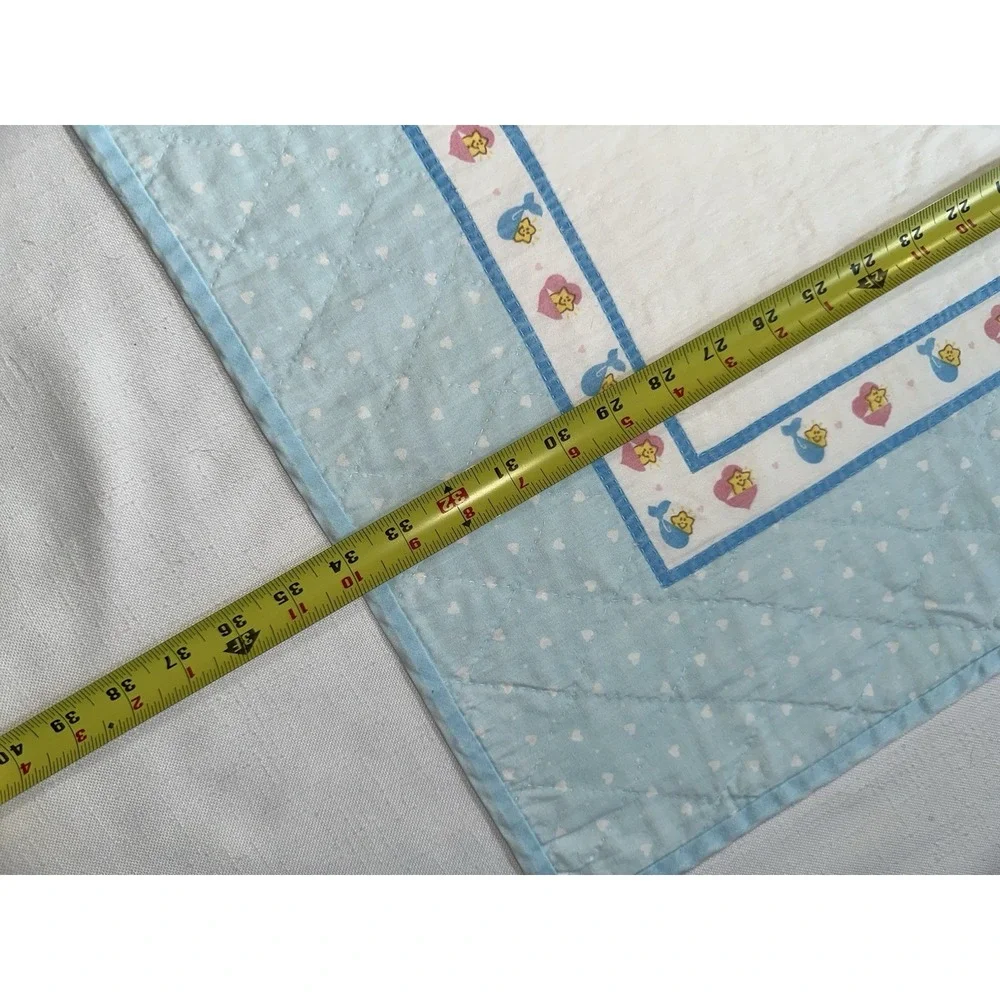 Vtg Care Bears Baby Crib Quilt Handmade 32x43 Nursery Blanket Stars Blue Edge